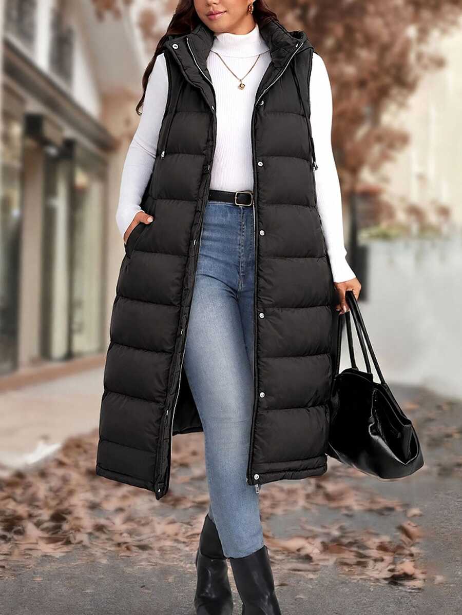 EMERY ROSE Plus Size Casual Sleeveless Hooded Long Padded Coat With Pockets, Black Winter - Black - View 1
