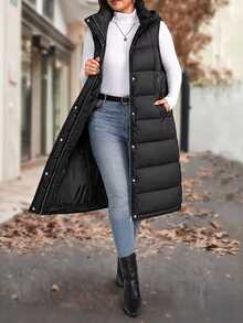 EMERY ROSE Plus Size Casual Sleeveless Hooded Long Padded Coat With Pockets, Black Winter - Black - View 8