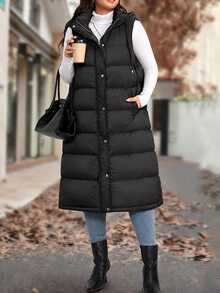 EMERY ROSE Plus Size Casual Sleeveless Hooded Long Padded Coat With Pockets, Black Winter - Black - View 6