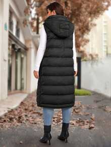 EMERY ROSE Plus Size Casual Sleeveless Hooded Long Padded Coat With Pockets, Black Winter - Black - View 2