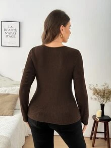 SHEIN LUNE Plus Size Women Solid Color Overlap V-Neck Long Sleeve Casual Baggy Top Formal Evening Holiday Brown Summer - Coffee Brown - View 7
