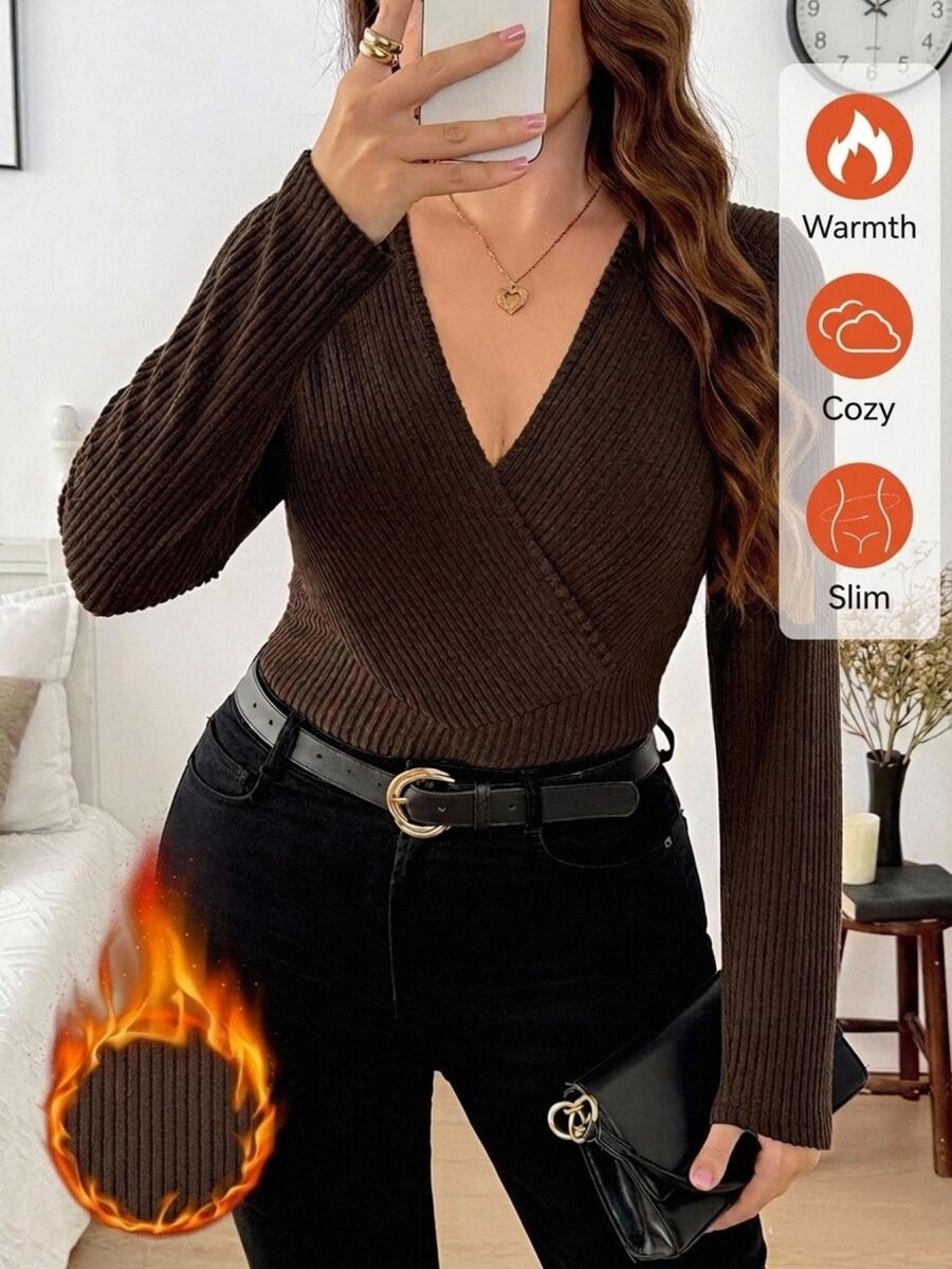 SHEIN LUNE Plus Size Women Solid Color Overlap V-Neck Long Sleeve Casual Baggy Top Formal Evening Holiday Brown Summer - Coffee Brown - View 1