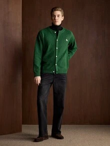 Manfinity CasualKnits Cardigan Rajut Pria Lengan Panjang Warna Polos dengan Kancing Depan dan Kerah Bulat, Cocok untuk Festival Anak Laki-laki Musim Gugur/Dingin, Pakaian Sehari-hari, Model Baru - Hijau - View 7