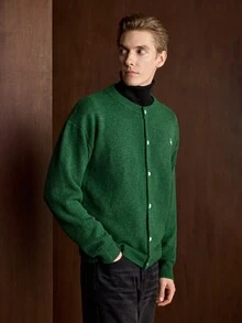 Manfinity CasualKnits Cardigan Rajut Pria Lengan Panjang Warna Polos dengan Kancing Depan dan Kerah Bulat, Cocok untuk Festival Anak Laki-laki Musim Gugur/Dingin, Pakaian Sehari-hari, Model Baru - Hijau - View 6