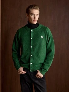 Manfinity CasualKnits Cardigan Rajut Pria Lengan Panjang Warna Polos dengan Kancing Depan dan Kerah Bulat, Cocok untuk Festival Anak Laki-laki Musim Gugur/Dingin, Pakaian Sehari-hari, Model Baru - Hijau - View 4