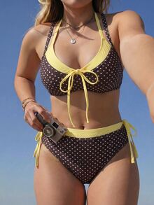 SHEIN Swim 2026 New Spring/Summer Plus Size One-Piece Polka Dot Random Print Large Scoop Neck Front Center White Ring Design Two-Tone Detachable Shoulder Strap Women's One-Piece Swimsuit Suitable For Beach Vacation Wear - Multicolor - View 5