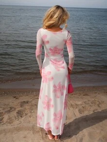 Sydney Algeri 浪漫约会之夜花卉印花褶皱女式长袖连衣裙 - 彩色 - 查看 3