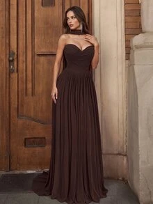 Aloruh Elegant Strapless Mesh Gown With Fishbone Decor, Front Slit Ruffle Trim Flared A-Line Train,Long Formal Party Wedding Guest Bridesmaid Dress - Coffee Brown - View 8
