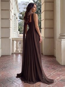 Aloruh Elegant Strapless Mesh Gown With Fishbone Decor, Front Slit Ruffle Trim Flared A-Line Train,Long Formal Party Wedding Guest Bridesmaid Dress - Coffee Brown - View 3