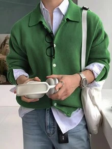 Manfinity CasualKnits 男士時尚單排扣長袖針織開襟衫 節慶男孩款 秋冬日常新款 - 綠色 - 查看 1