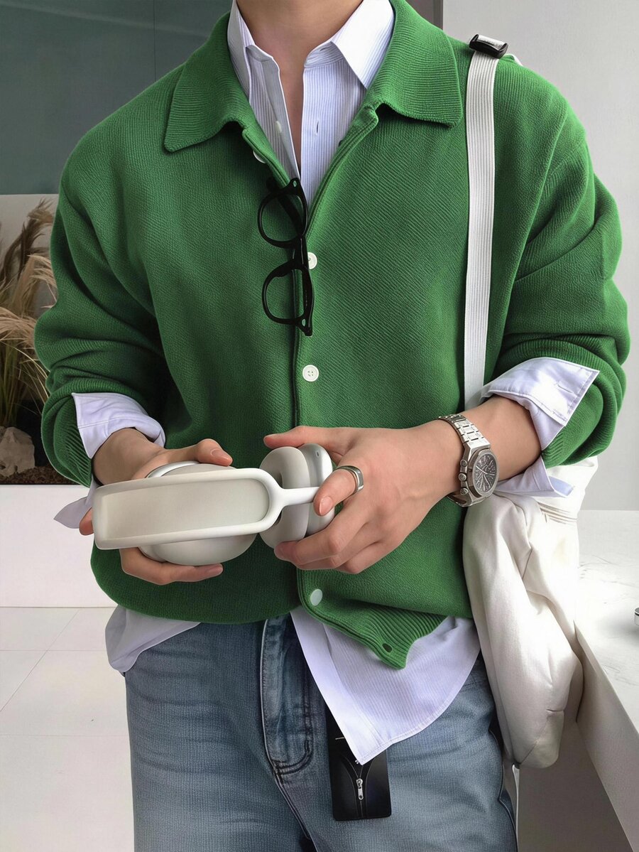 Manfinity CasualKnits 男士時尚單排扣長袖針織開襟衫 節慶男孩款 秋冬日常新款 - 綠色 - 查看 1