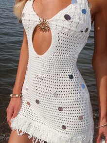 Sydney Algeri Women's Solid Color Sequin Design Hollow Out Halter Knit Dress, Vacation - White - View 5