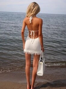Sydney Algeri Women's Solid Color Sequin Design Hollow Out Halter Knit Dress, Vacation - White - View 2