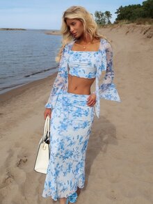 Sydney Algeri 2pcs Women Elegant Floral Print Flare Sleeve Top And Mermaid Hem Skirt Set - Blue - View 6