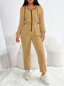Eryvara 女式落肩长袖撞色抽绳连帽休闲连身裤 - 卡其色 - 查看 6