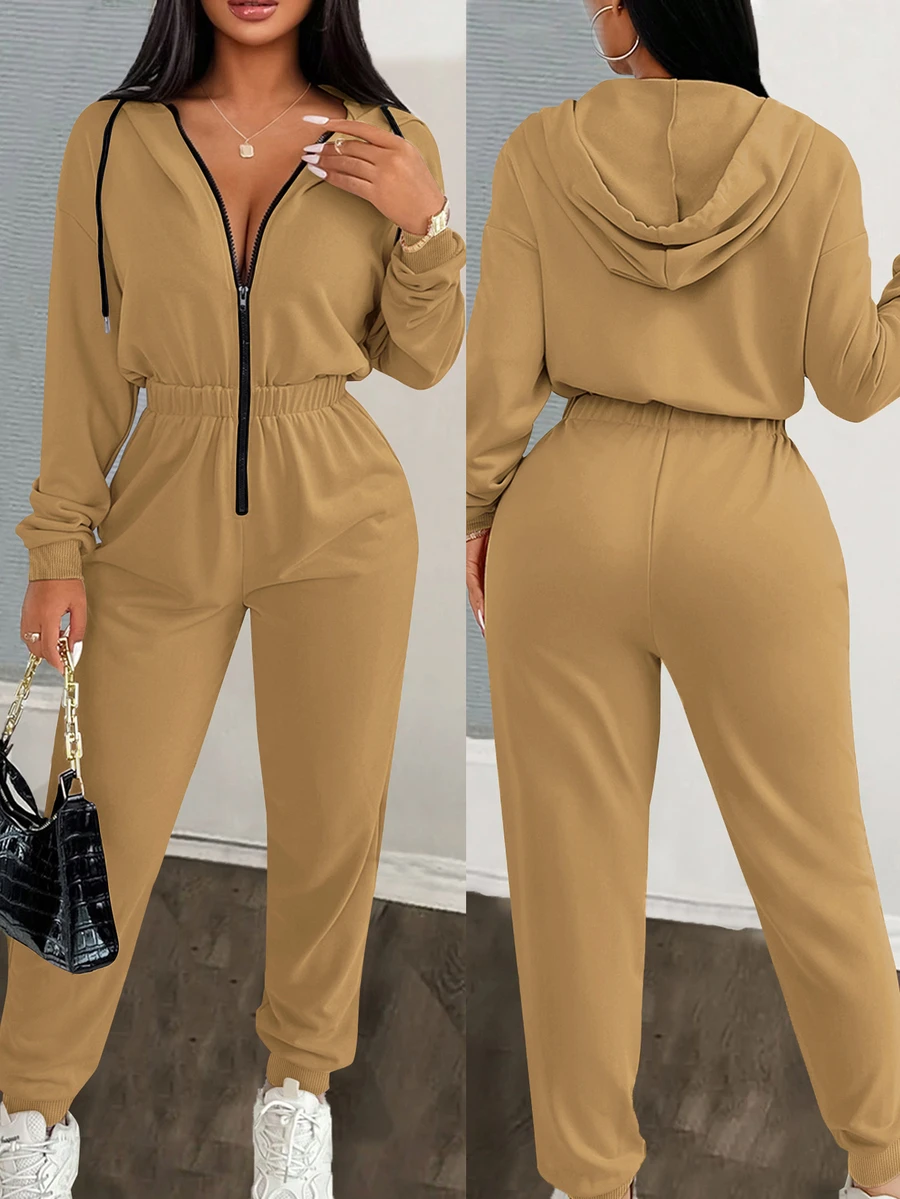 Eryvara Women's Drop Shoulder Long Sleeve Contrast Color Drawstring Hooded Casual Jumpsuit - Khaki - View 1