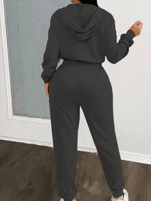 Eryvara Women's Autumn Long Sleeve Casual Color Block Drawstring Hooded Jumpsuit Fall Cloth For Women - Dark Grey - View 2