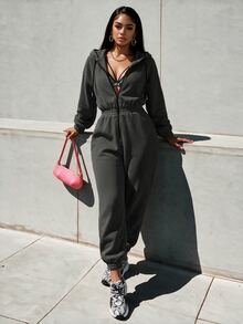 Eryvara Women's Autumn Long Sleeve Casual Color Block Drawstring Hooded Jumpsuit Fall Cloth For Women - Dark Grey - View 1