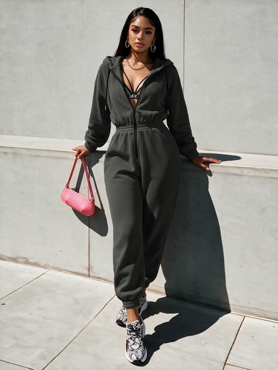 Eryvara Women's Autumn Long Sleeve Casual Color Block Drawstring Hooded Jumpsuit Fall Cloth For Women - Dark Grey - View 1