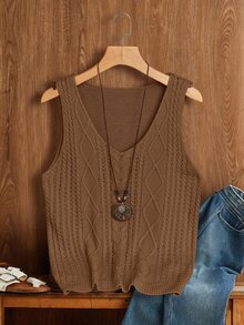 SHEIN Rosurelle 1 件女士纯色针织毛衣上衣，适合夏季 - 鏽棕色 - 查看 3
