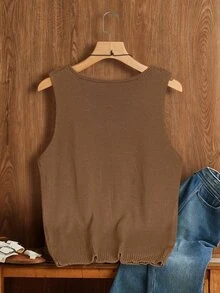 SHEIN Rosurelle 1 件女士纯色针织毛衣上衣，适合夏季 - 鏽棕色 - 查看 2
