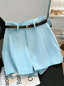 SHEIN Rosurelle 休闲通勤时尚百搭中高腰系带夏季新款纯色女式短裤 - 淺藍色 - 查看 6