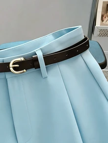 SHEIN Rosurelle 休闲通勤时尚百搭中高腰系带夏季新款纯色女式短裤 - 淺藍色 - 查看 4