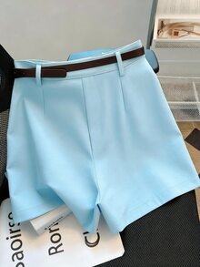 SHEIN Rosurelle 休闲通勤时尚百搭中高腰系带夏季新款纯色女式短裤 - 淺藍色 - 查看 2