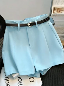 SHEIN Rosurelle 休闲通勤时尚百搭中高腰系带夏季新款纯色女式短裤 - 淺藍色 - 查看 3