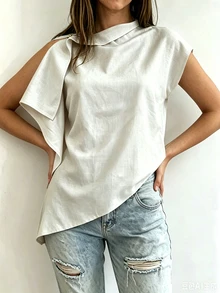 SHEIN Rosurelle 女款亞麻質感領口不對稱下擺休閒無袖上衣，優雅度假風 - 白色 - 查看 7