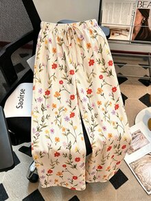 Franclia 女士绿色时尚印花休闲裤，春夏款 - 杏色 - 查看 4