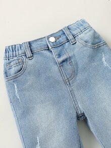 SHEIN 少女淺色水洗破洞毛邊喇叭牛仔褲，休閒百搭彈性款，適合學校、校園、大學秋季穿搭 - 淺色水洗藍 - 查看 8