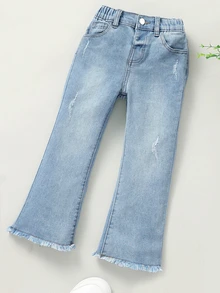 SHEIN 少女淺色水洗破洞毛邊喇叭牛仔褲，休閒百搭彈性款，適合學校、校園、大學秋季穿搭 - 淺色水洗藍 - 查看 3