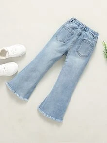 SHEIN 少女淺色水洗破洞毛邊喇叭牛仔褲，休閒百搭彈性款，適合學校、校園、大學秋季穿搭 - 淺色水洗藍 - 查看 7