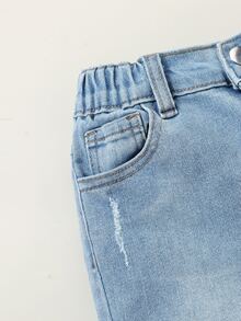 SHEIN 少女淺色水洗破洞毛邊喇叭牛仔褲，休閒百搭彈性款，適合學校、校園、大學秋季穿搭 - 淺色水洗藍 - 查看 5