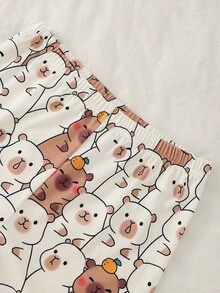 女款 4 件組水豚英文單字印花細肩帶上衣與愛心印花短褲睡衣套裝，夏季居家貼身休閒服 - 彩色 - 查看 4