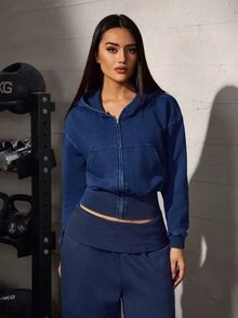 Flexra American Style Washed Navy Blue Spring/Autumn Short Zip-Up Hooded Sweatshirt, Cinched Waist, Petite Sexy Fit, 4-Way Stretch Denim Sweatshirt Jacket - Dark Wash - View 6