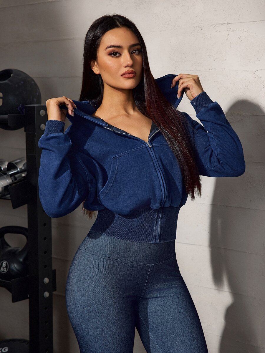 Flexra American Style Washed Navy Blue Spring/Autumn Short Zip-Up Hooded Sweatshirt, Cinched Waist, Petite Sexy Fit, 4-Way Stretch Denim Sweatshirt Jacket - Dark Wash - View 1