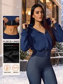 Flexra American Style Washed Navy Blue Spring/Autumn Short Zip-Up Hooded Sweatshirt, Cinched Waist, Petite Sexy Fit, 4-Way Stretch Denim Sweatshirt Jacket - Dark Wash - View 1