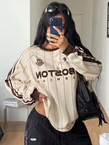 Coolane 女款與男款秋冬街頭風休閒運動休閒服，復古條紋圖案拼色舒適長袖運動衫 - 彩色 - 查看 4