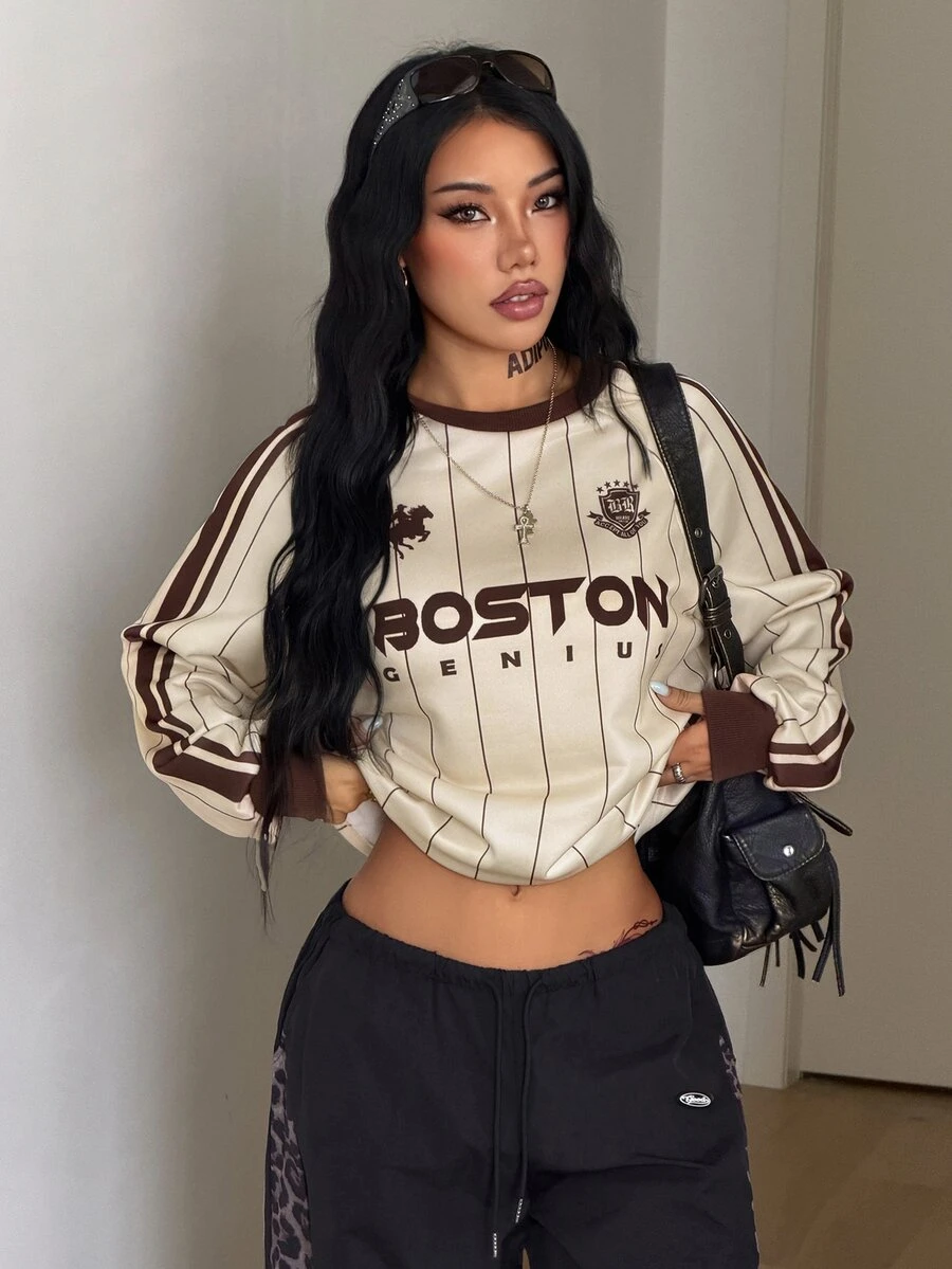 Coolane 女款與男款秋冬街頭風休閒運動休閒服,復古條紋圖案拼色舒適長袖運動衫 - 彩色 - 查看 1