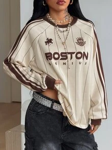 Coolane 女款與男款秋冬街頭風休閒運動休閒服，復古條紋圖案拼色舒適長袖運動衫 - 彩色 - 查看 3