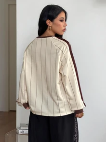 Coolane 女款與男款秋冬街頭風休閒運動休閒服，復古條紋圖案拼色舒適長袖運動衫 - 彩色 - 查看 6