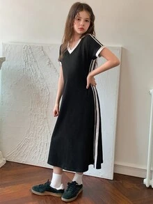 Hapijoa Tween Girls' Slim Fit V-Neck Short Sleeve Casual Dress - Black - View 7