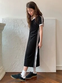 Hapijoa Tween Girls' Slim Fit V-Neck Short Sleeve Casual Dress - Black - View 3