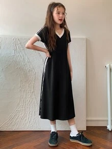 Hapijoa Tween Girls' Slim Fit V-Neck Short Sleeve Casual Dress - Black - View 4