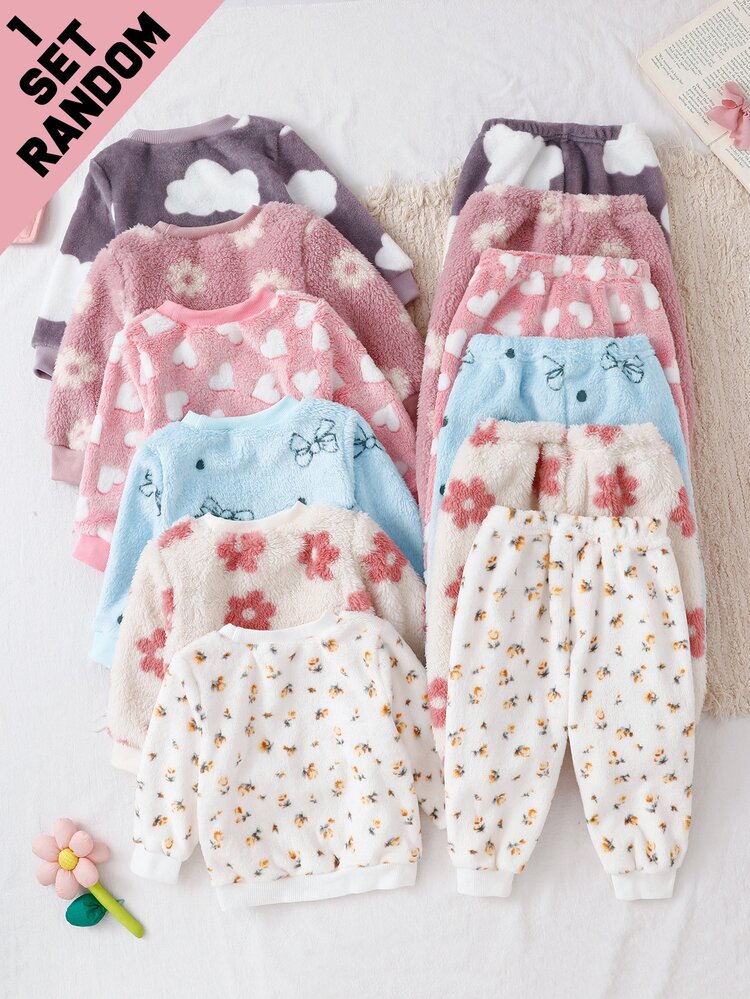 Infant Girls Elegant Cloud & Floral Print Ribbed Collar Long Sleeve Long Pants Fleece Loungewear Autumn Winter - Multicolor - View 2