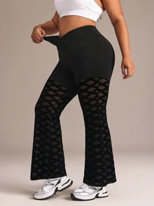 SHEIN Sports Plus Size Women's Patchwork Design Flared Leg Slim Fit Athletic Leggings - Black - View 5