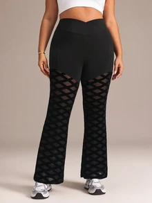 SHEIN Sports Plus Size Women's Patchwork Design Flared Leg Slim Fit Athletic Leggings - Black - View 7