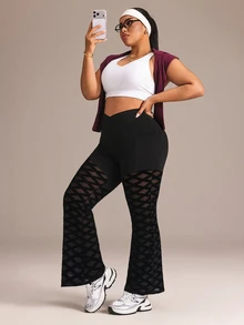 SHEIN Sports Plus Size Women's Patchwork Design Flared Leg Slim Fit Athletic Leggings - Black - View 6